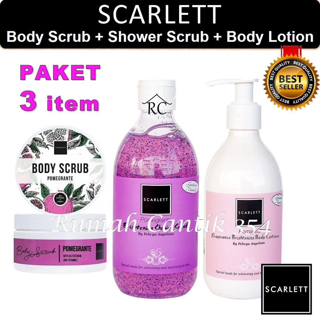 Paket 3 in 1 Body Care Body Scrub Pomegrante + Shower Scrub Pomegrante + Body Lotion Romansa Rumah Cantik 354 Perawatan Tubuh