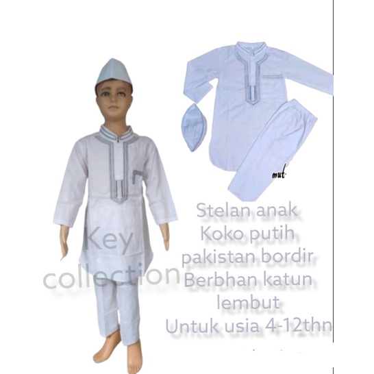 setelan baju  koko anak putih bordir setelan anak laki laki koko bordir pakistan lengan panjang