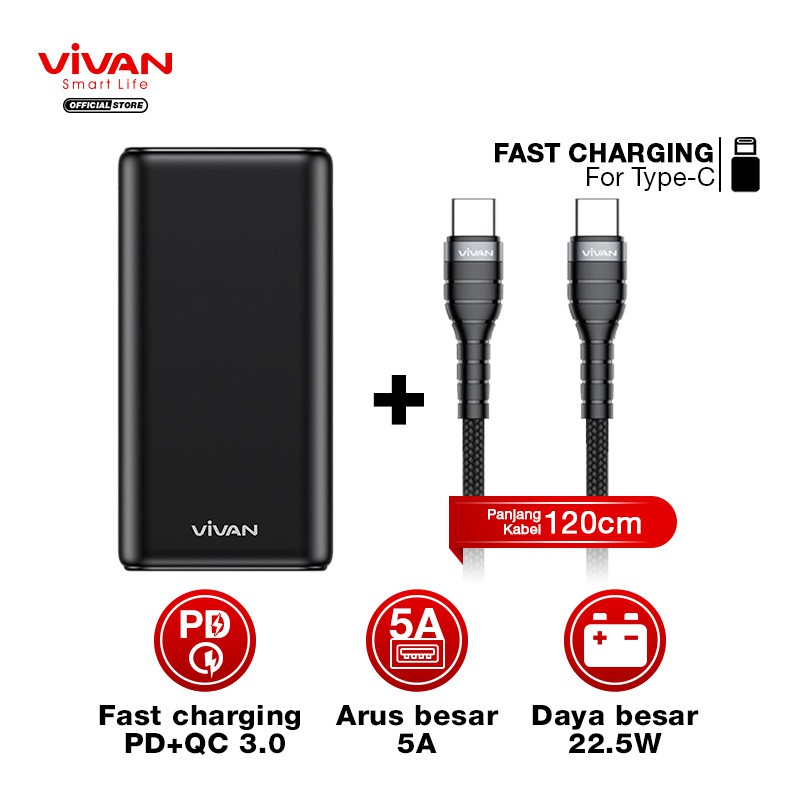 Powerbank 20000 mah Power Bank Fast Charging VIVAN VPB-H20S Original PD 3.0 + Kabel Type C to Type C