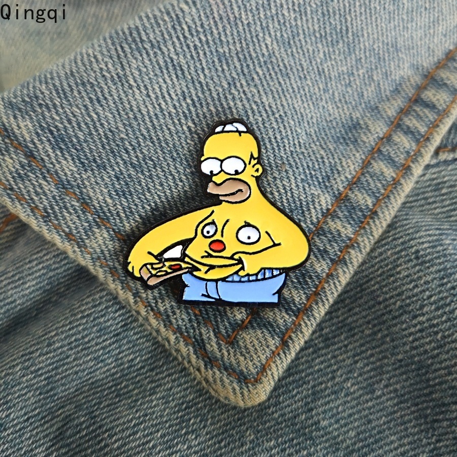 Homer Bros Pin Enamel Desain Kartun Tv Anime Simpson Eating Pizza Fatso Belly 8090s