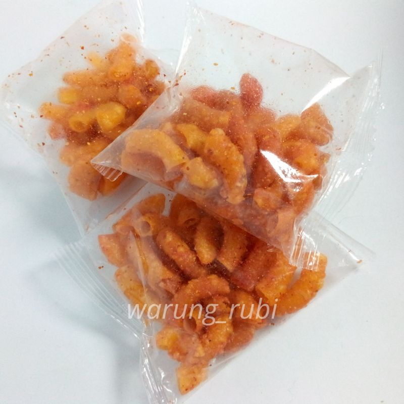 Makaroni Bantet Pedas 10 gram, Harga 1pcs. Kriuk Gurih Renyah Snack Macaroni Makroni Mini Kemasan Ke