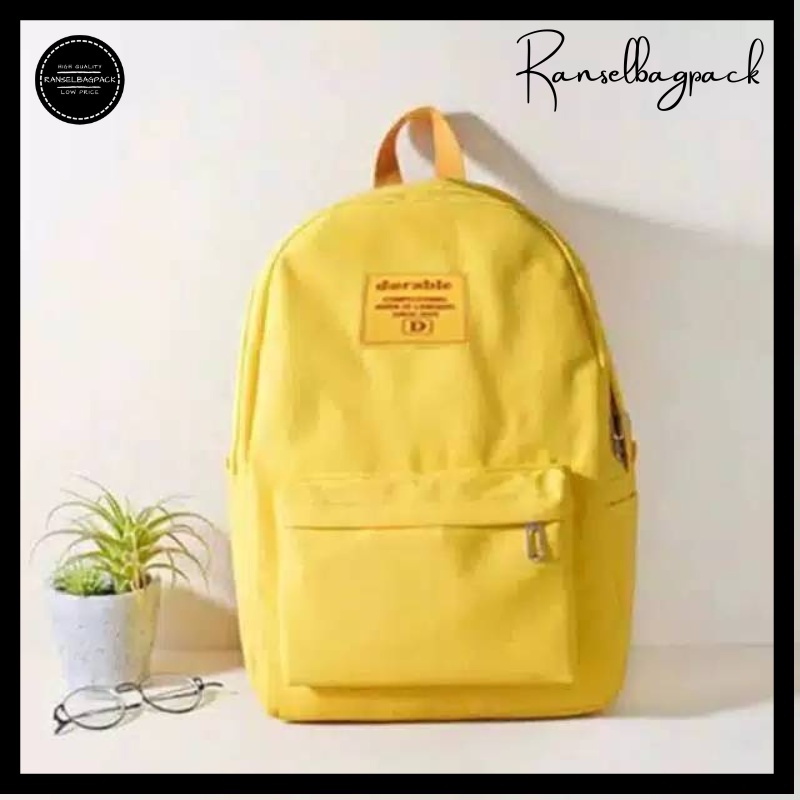 Tas Ransel Backpack Punggung Pria Wanita Sekolah Distro Polos Murah Terbaru Cewek Cowok Pria Wanita-Kuning Lebel