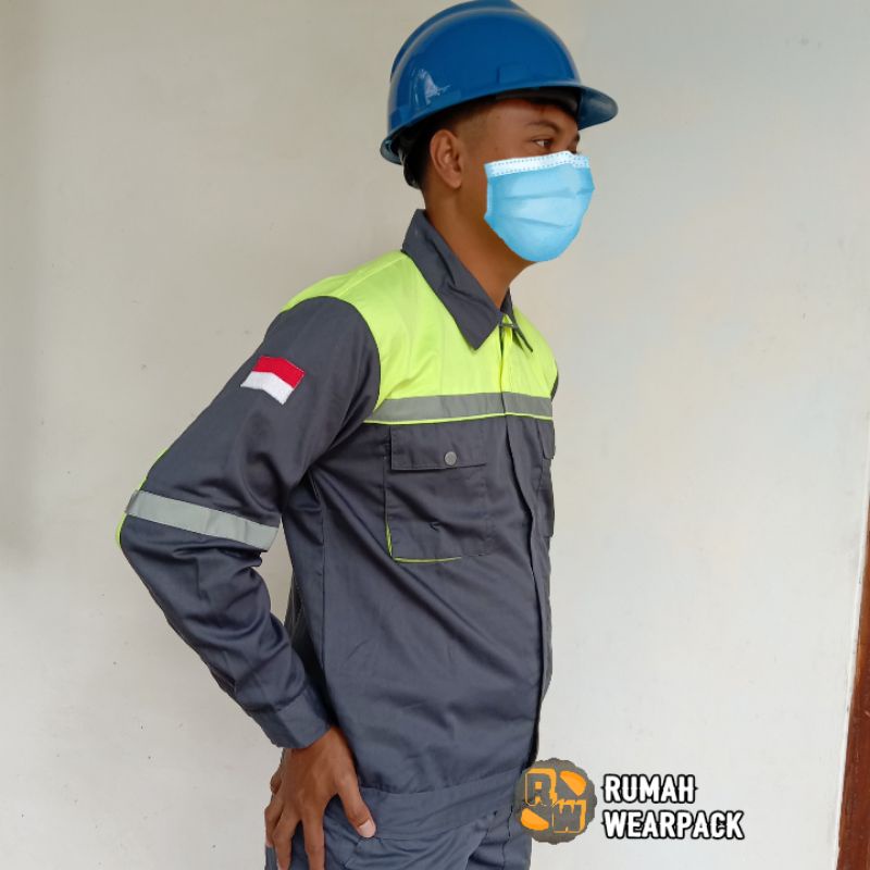 Baju Kerja/ Wearpack Proyek/ Seragam Kerja Atasan Lengan Panjang Abu Tua Hijau