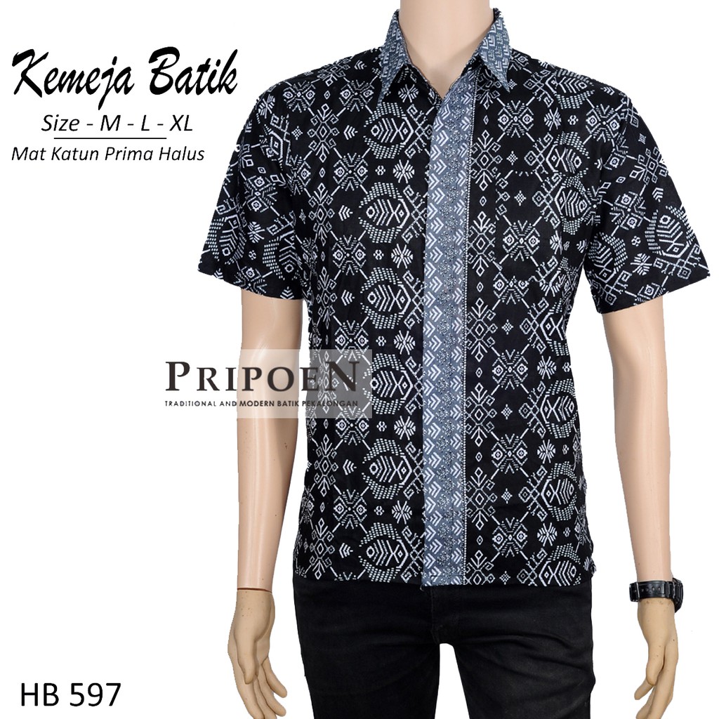 Pripoen Batik HB585 BAJU BATIK PRIA LENGAN PENDEK MOTIF DAUN ABU