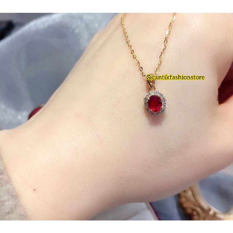 Kalung Titanium Nuri Gold Liontin Permata Kristal Merah Anti Karat selamanya Terlaris Terbaru Kekinian Mewah Kalung Wanita Liontin Pertama Merah