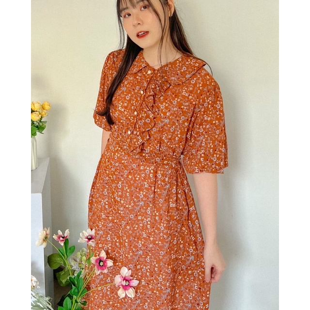 KANON - Touka Floral Dress - Dress kemeja hamil midi vintage motif bunga