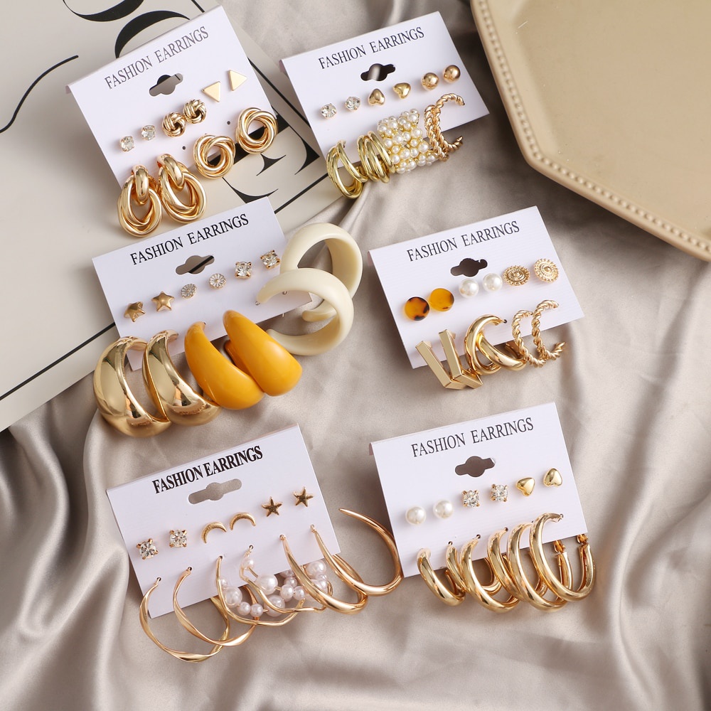 10pcs/set Pearl Metal Drop Earrings Set Fashion Women's Acrylic  Korean Geometric Twisted Metal Round Dangle Earrings Jewelry Party Gift