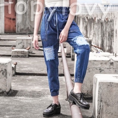 HOPYLOVY Celana Panjang Jogger Jeans Wanita HW Jeans Ripped Milena