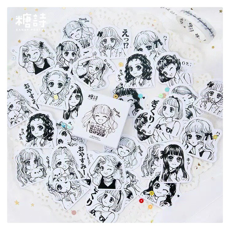 

45 PCS/BOX STIKER KERTAS TEMA GIRL ANIME MONOCHROME HITAM PUTIH BULLET JURNAL DIY DIARY LUCU MURAH