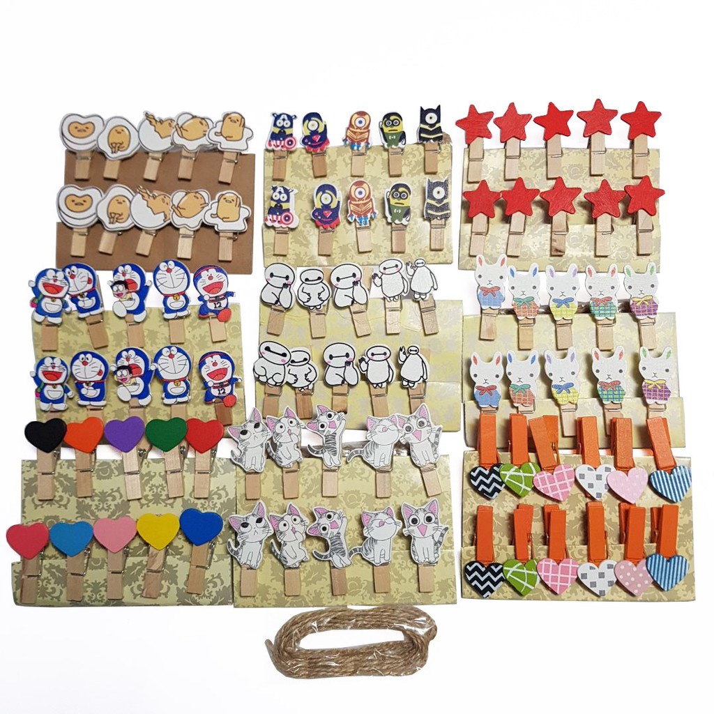 MoonLand Wooden Clip/Jepit Kayu Karakter Isi 10Pcs Per Bungkus+ TALI rami 11