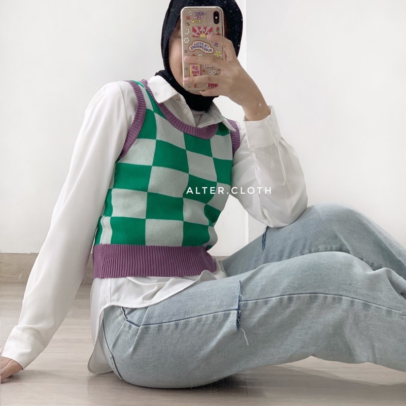 alter.cloth - ZORRA VEST | Rompi Wanita Kotak Ungu Hijau Premium Rajut Knit Import Tanktop Korea Fas
