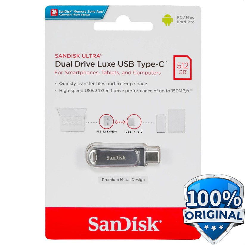 SanDisk Ultra Dual Drive Luxe USB Type C 3.1 Flashdisk 512GB - SDDDC4 - Silver