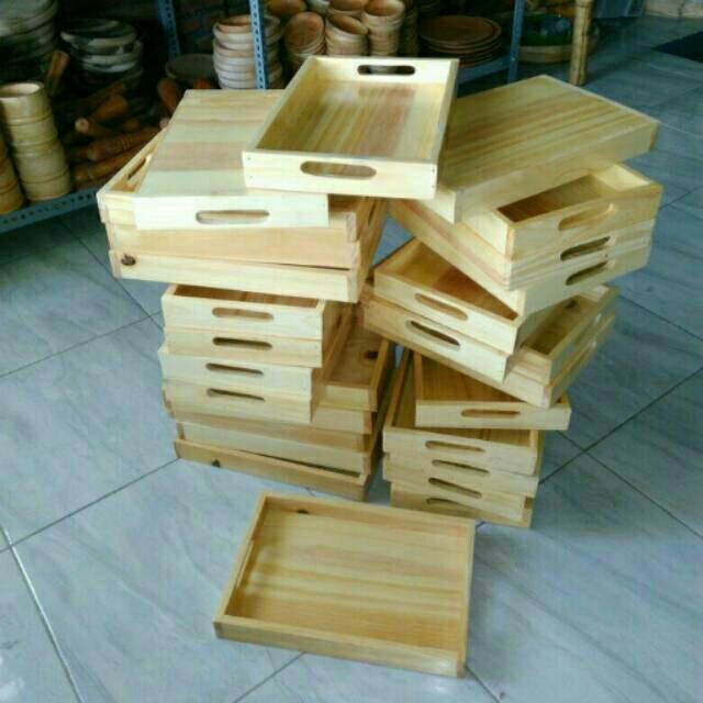 Nampan / Baki / Tray kayu Pinus uk. sedang pegangan datar