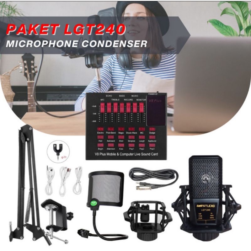 Microphone Condenser LGT240 Paket Mic Stand Arm Pop Filter Original