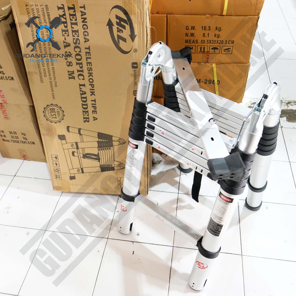 Tangga Teleskopik Type A Double 3.8 meter H&amp;L - Telescopic Ladder Tipe A 3.8M Tangga Lipat