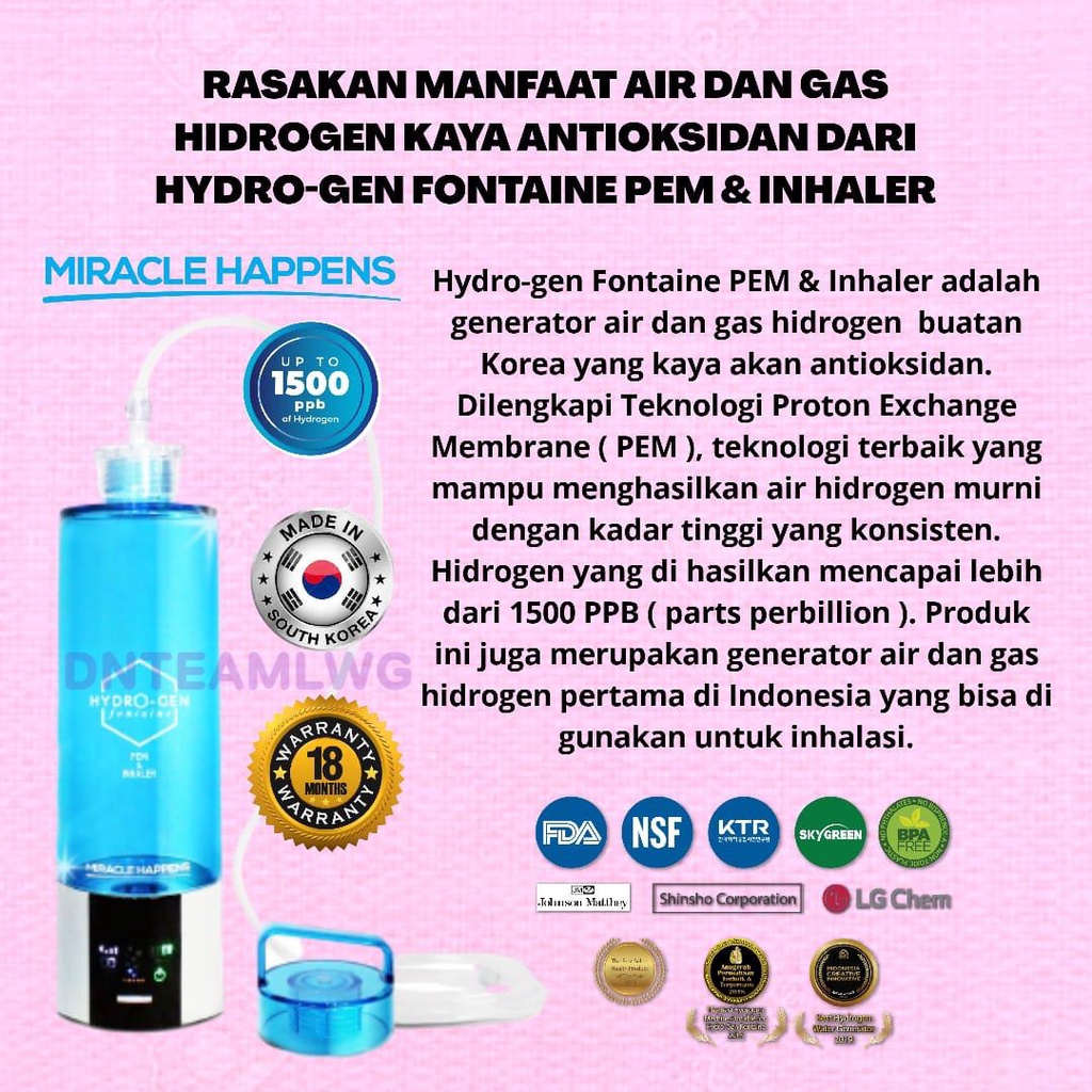 Botol Air Hidrogen Fontaine dan Air Antioksidan / Hydrogen Fontaine 2.1 (PEM &amp; Inhaler) LWG