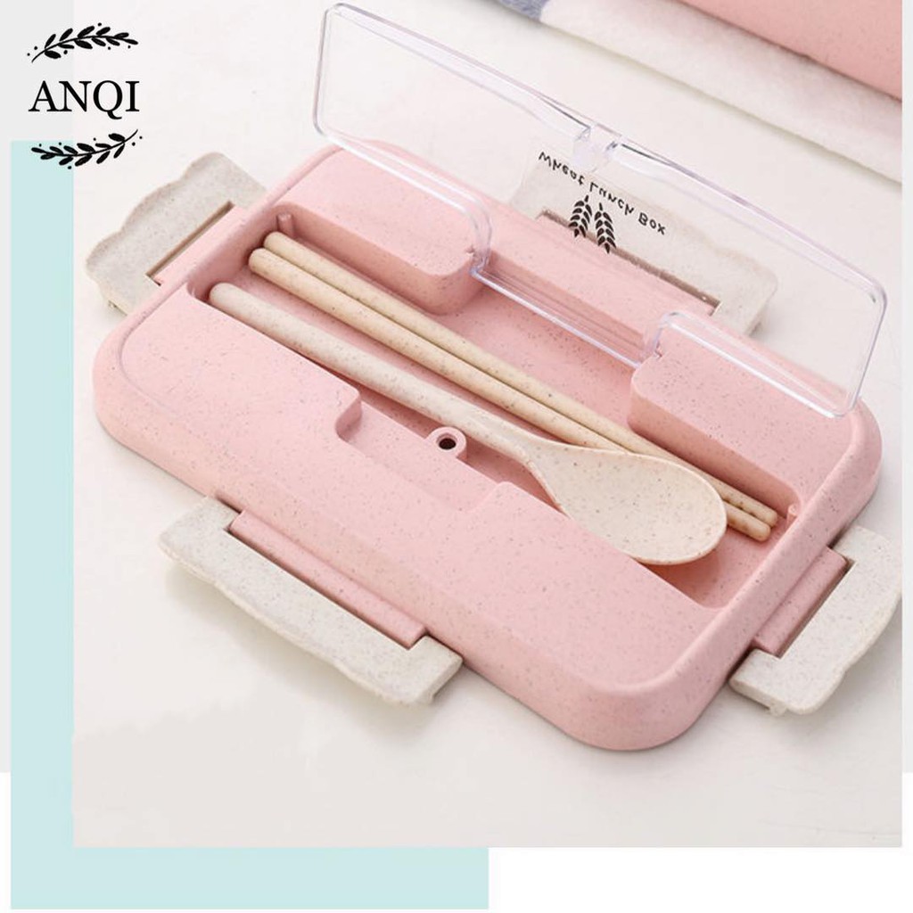 ANQI1888 Lunch Box Set Kotak Bekal Makan WHEAT STRAW GANDUM 850ml 4 In 1 Wheat Straw BPA FREE RH