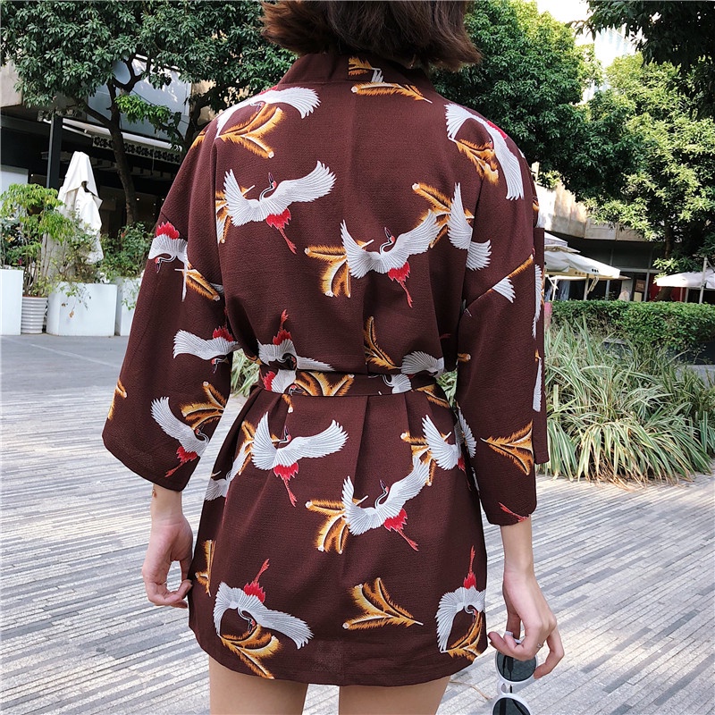 Black Brown Crane Chiffon Beach Cardigan Kimono Wanita Motif Jepang Harajuku Kimono Longgar Warna 2023