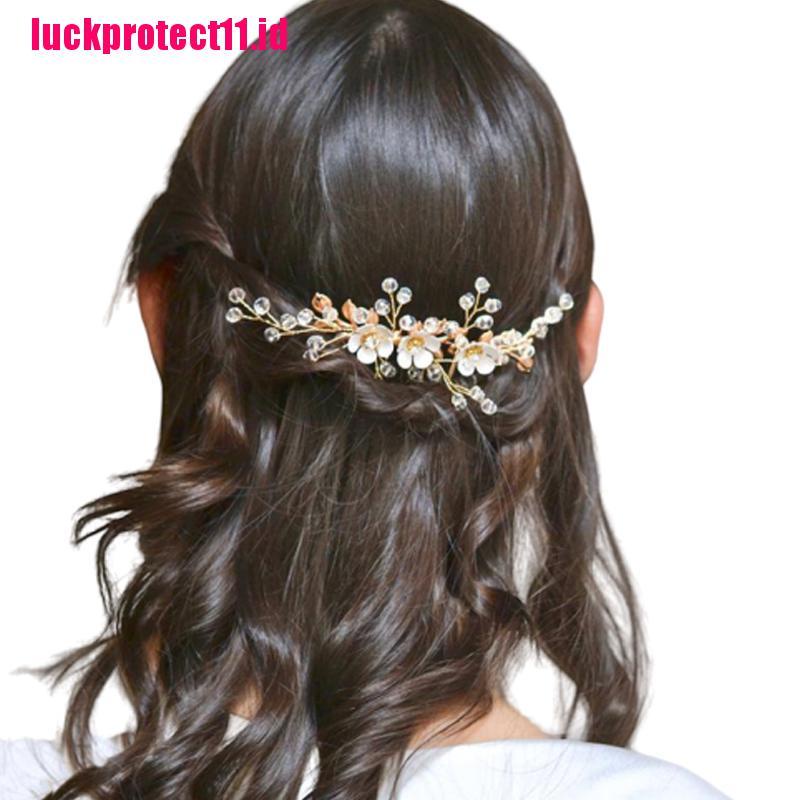 (LUCK) 2pcs / Set Jepit Rambut Desain Bunga + Daun Gold Hias Berlian Imitasi Handmade Untuk Pengantin Wanita