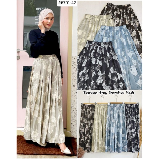 SK6701-42 ( FLEURINE two-tone floral pleats satin skirt).