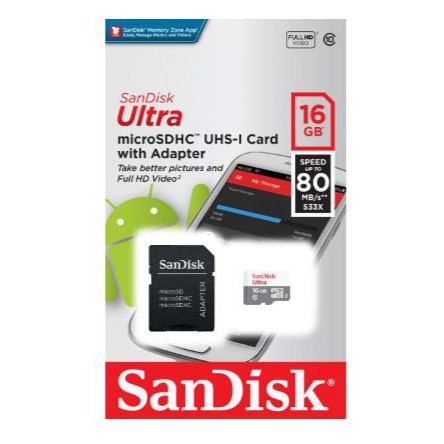 MICRO SD 16GB SANDISK ULTRA UHS-I 80MBPS FULL HD VIDEO MICROSDHC UHS-I 16G SANDISK ORIGINAL