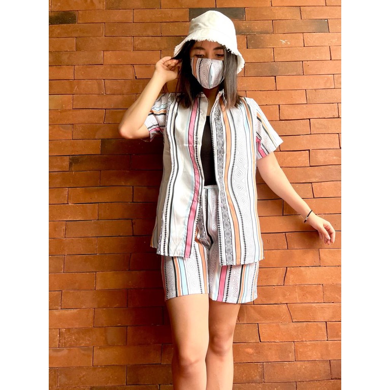 Morymony daily set homewar / setelan celana pendek / stelan baju wanita marble pastel-salur etnik pink