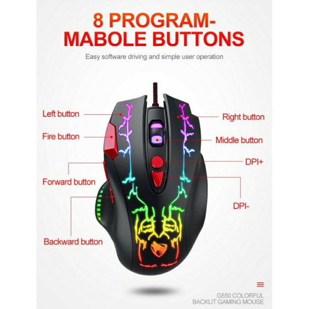 SKU-1250 MOUSE GAMING MACRO 8 TOMBOL T-WOLF G550 LED (RGB) TWOLF