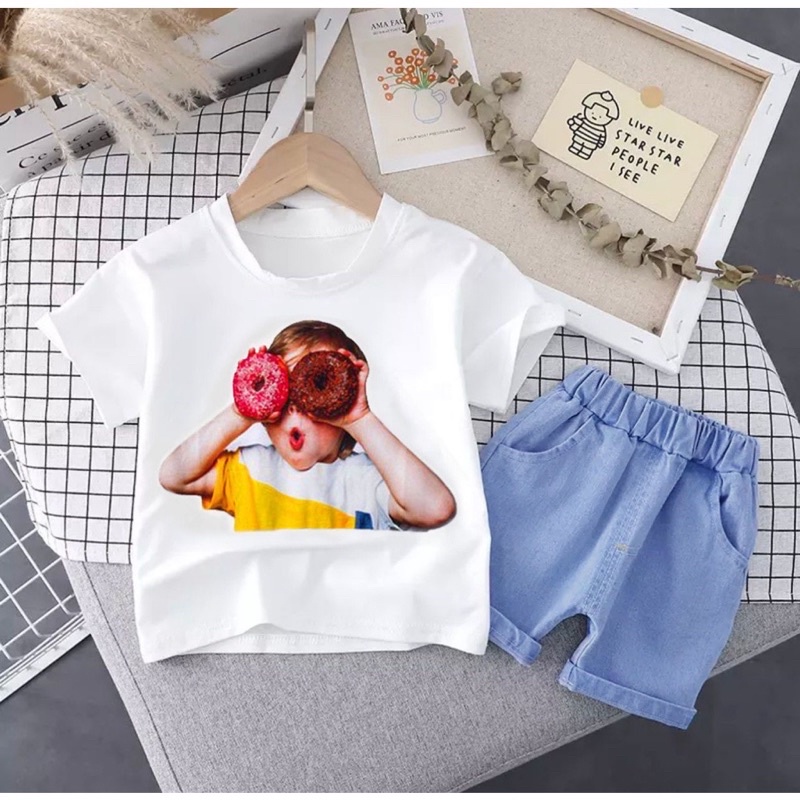 NEW// SETELAN TRENDY BAJU KAOS CELANA JEANS BAYI ANAK MOTIF DONAT DENIM USAI 6 BULAN-5 TAHUN TERBARU TERLARIS BEST QUALITY TERPOPULER/ FASHION BAJU CELANA JEANS DENIM BAYI ANAK LAKI-LAKI/ SETELAN FASHION BAJU PAKAIAN CELANA JEANS BAYI ANAK PEREMPUAN