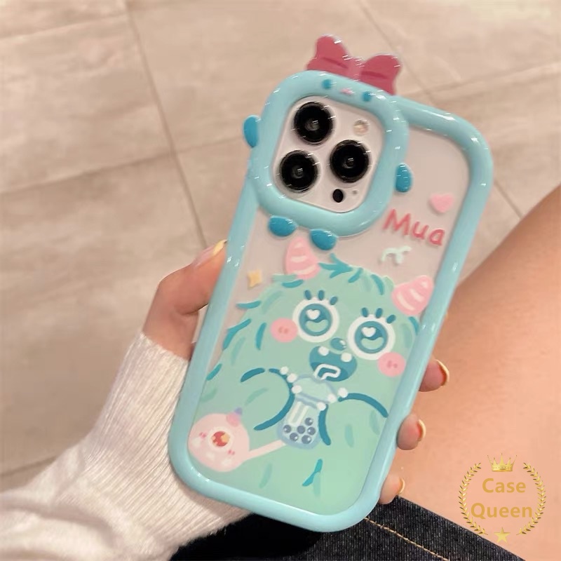 Case OPPO A7 A17 A17 A5S A12 A16 A57 A55 A9 A15s A54 A15 A5 A16s A3S A12E A53 A74 A17K A95 A16K A16E A52 A92 A96 A76 Reno 5F 4F A31 Kartun Monster Bow-knot Monster Kecil Tutup Lensa