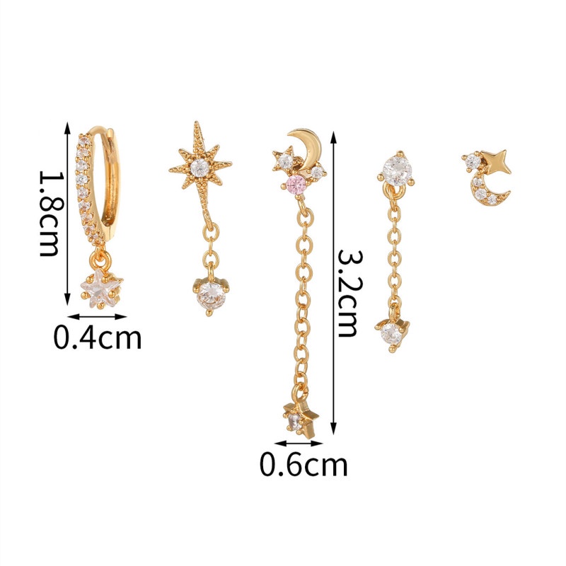 5pcs / set Anting Stud Rumbai Panjang Desain Bulan Bintang Bahan Stainless Steel Lapis Emas 18K Hoops