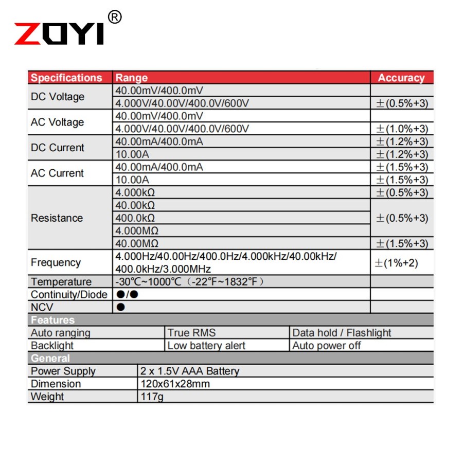 ZOYI ZT-C2 Multimeter Digital Buzzer Diode Temperature Suhu Ac Dc Voltage