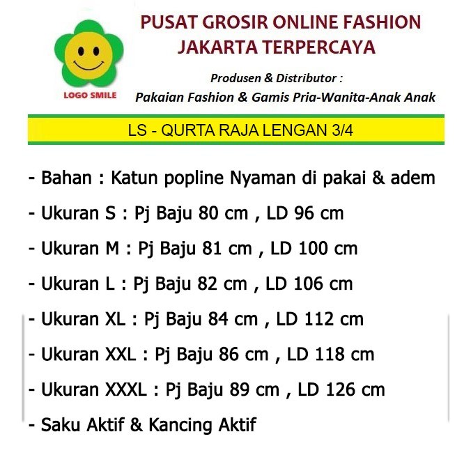 Qurta Raja Lengan 3/4  - Logo Smile (LS) - Ukuran S-3XL - Matt Katun Poplin