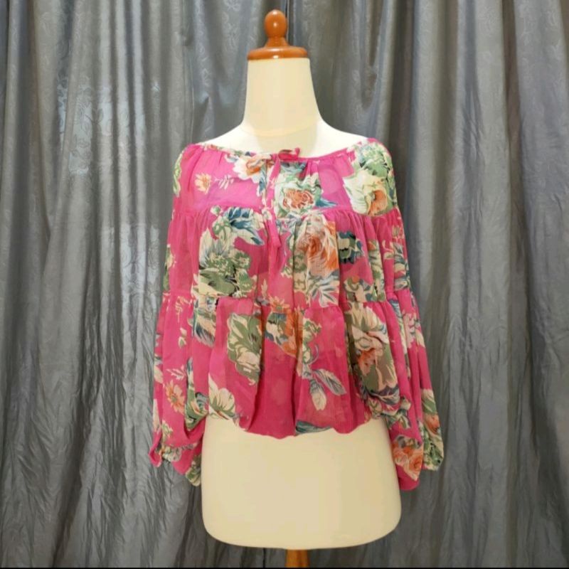 Pink Floral Chiffon Batwing Blouse