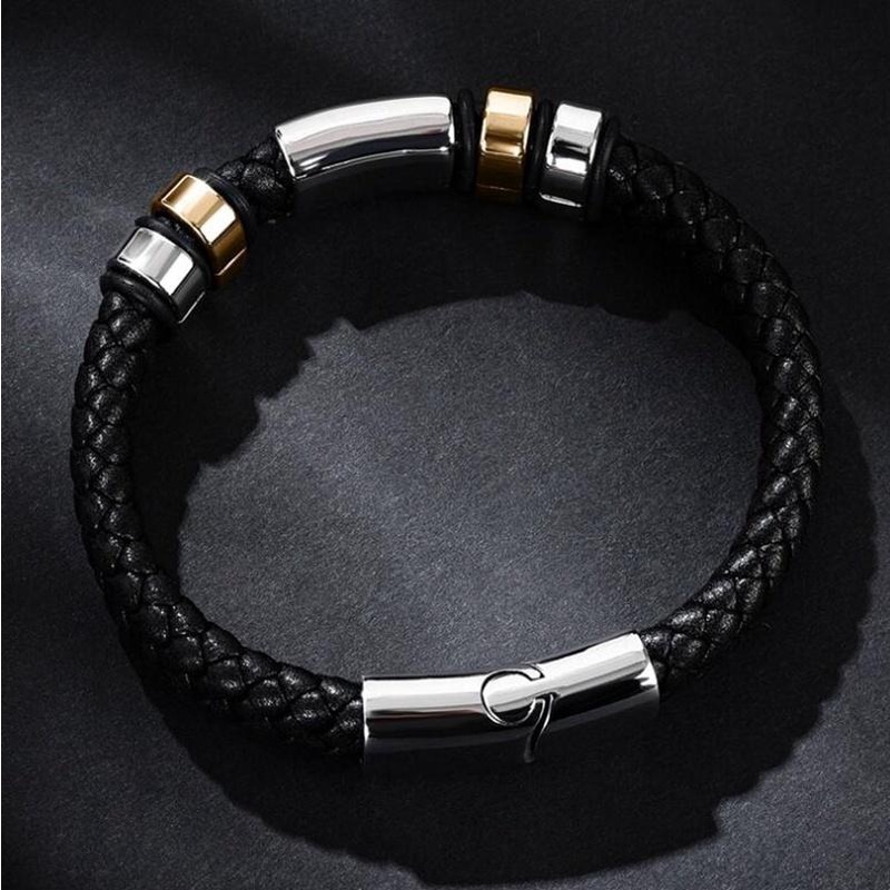 Gelang Bahan Kulit Woven Warna Hitam Dengan Gesper Metal Magnetik Untuk Pria