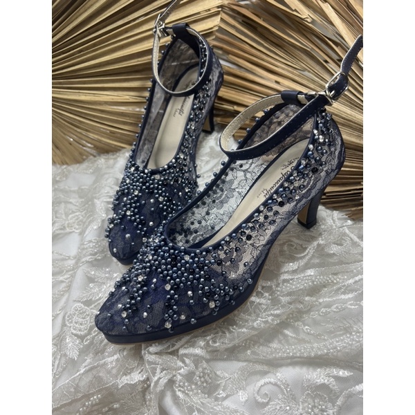 sepatu pengantin wanita Marsha navy tinggi 7cm lancip