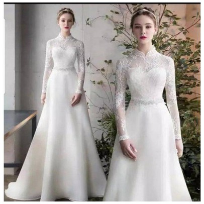 gaun Pengantin A-line putih lengan panjang brukat   wedding dress  dengan model lengan panjang  broc
