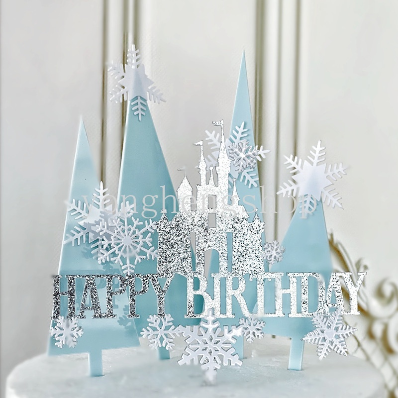 Topper Kue Desain Snowflake Castle Happy Birthday Bahan Akrilik Untuk Dekorasi Pesta Baby Shower