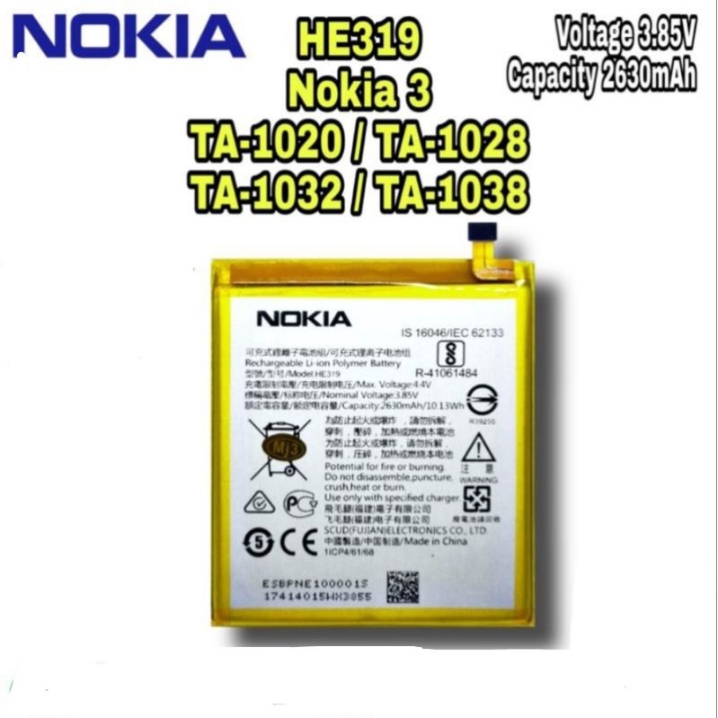 BATERAI BATRE BATTERY NOKIA 3 TA1020 TA1032 TA1038 HE319 ORIGINAL