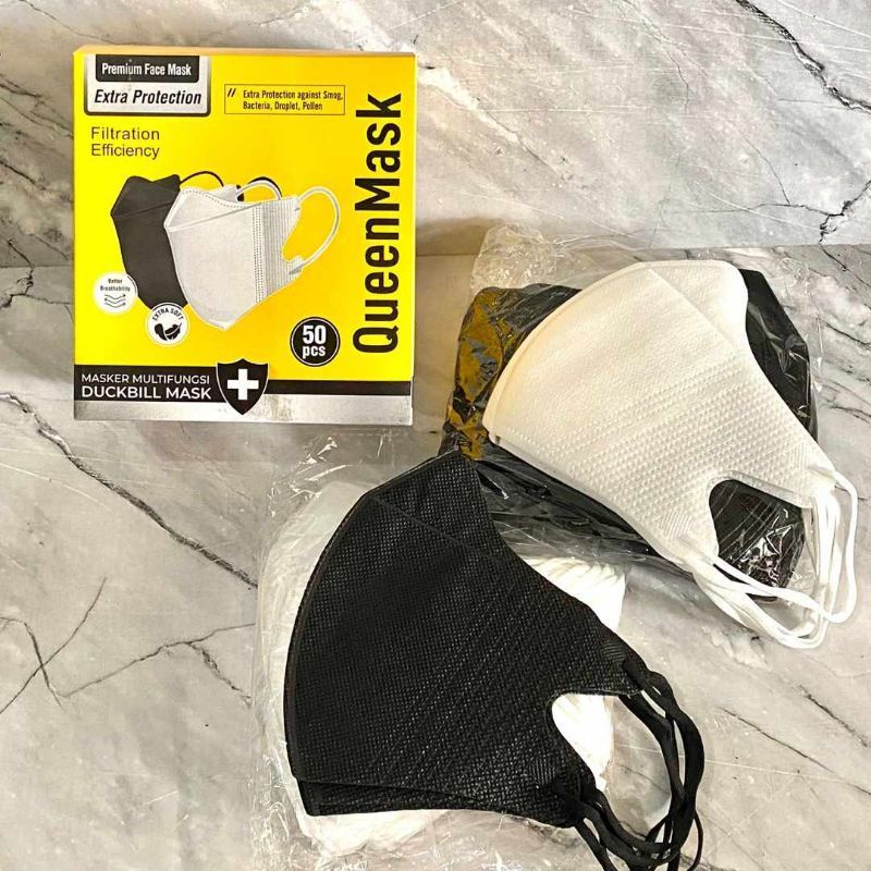 Masker Duckbill Garis Queen Mask Mirip Sensi Hitam Putih 3ply Tebal isi 50pcs