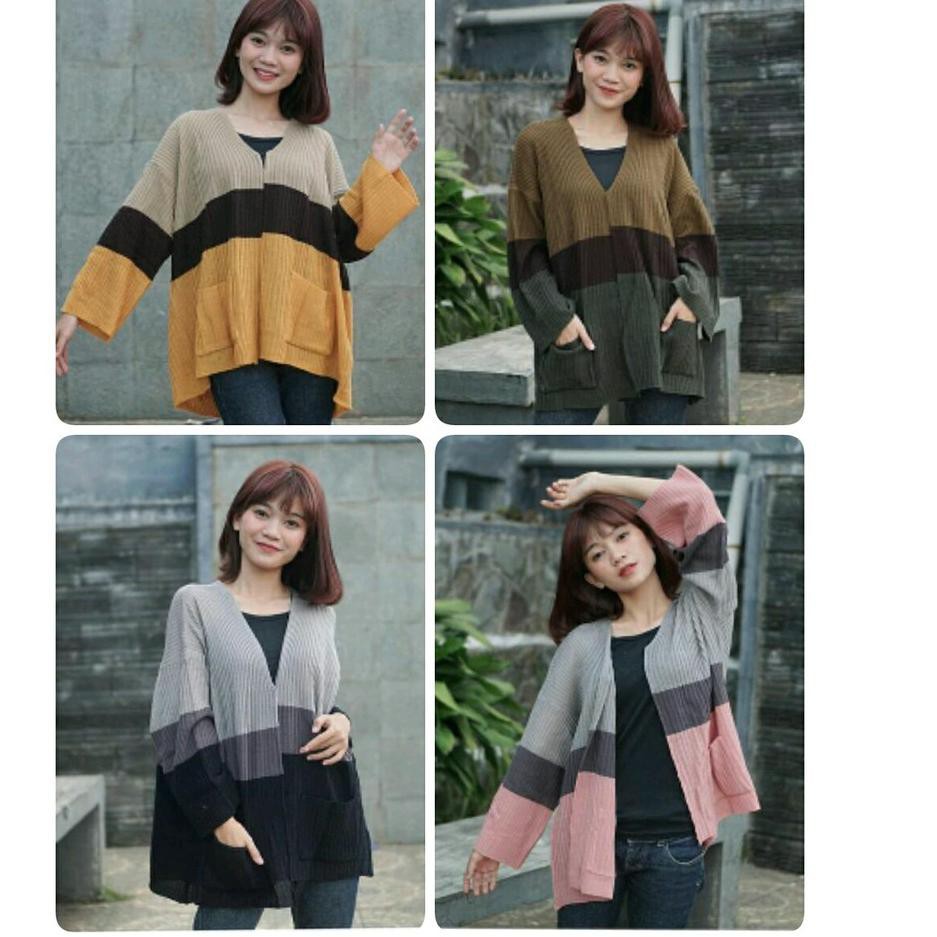 TRITONE COMBI CARDI - KARDIGAN RAJUT TIGA WARNA - CARDIGAN RAJUT KOMBINASI - KARDIGAN WANITA