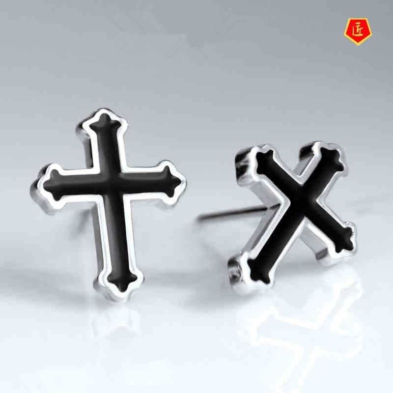 [Ready Stock]Men's Silver Black Cross Stud Earrings