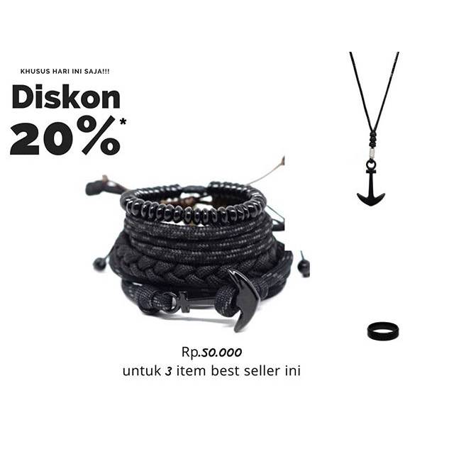 Gelang Pria Cowok Cewek Wanita Hitam Tali Paracord Prusik Jangkar Paket Set Kalung Liontin Cincin Titanium