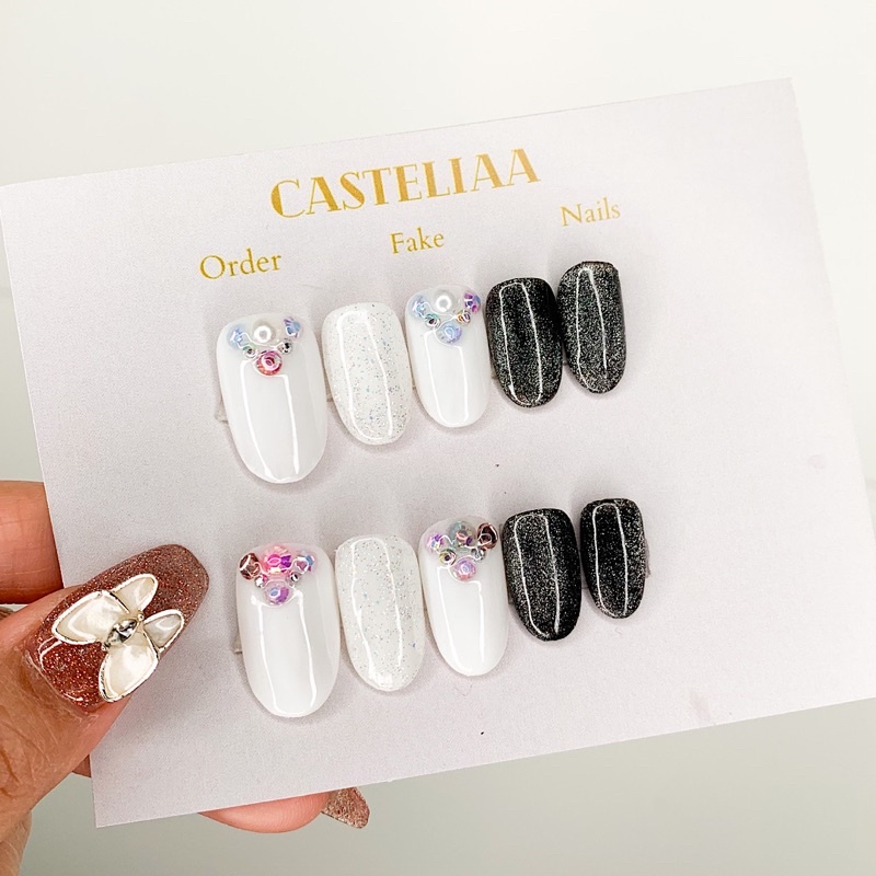 FakeNails kuku palsu | putih glitter black mix Cat EYE Silver