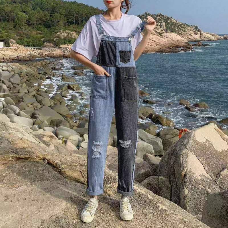 Overall Jeans Denim Wanita Dua Warna / Celana Kodok Jeans Wanita /Jumpsuit Jeans Wanita 8008