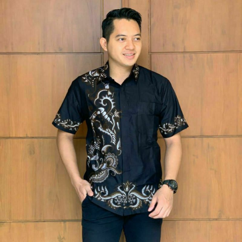 PROMO 1.1 flash sale~Baju batik pria lengan pendek Batik modern || Hem blok hitam warna kombinasi