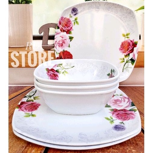 PROMO SET 6.PCS ISI 3.PIRING KOTAK SAJI 3.MANGKOK KOTAK MELAMINE MOTIF ROSE