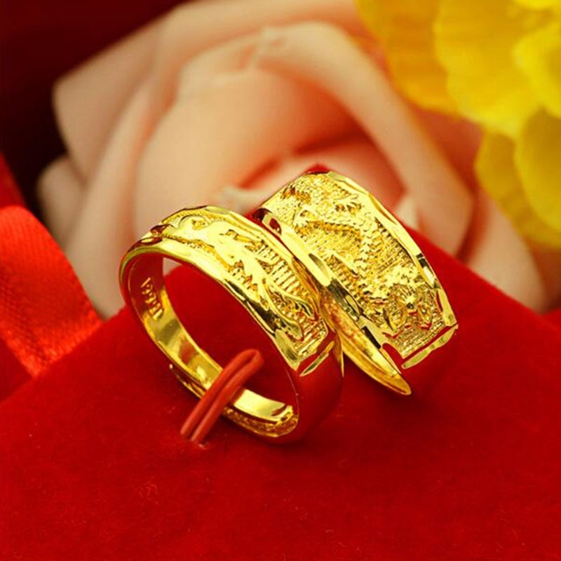 Tembaga Murni Berlapis Emas Pernikahan Naga Dan Phoenix Cincin Terbuka Untuk Pria Dan Wanita Pasangan Cincin Pasir Imitasi Emas