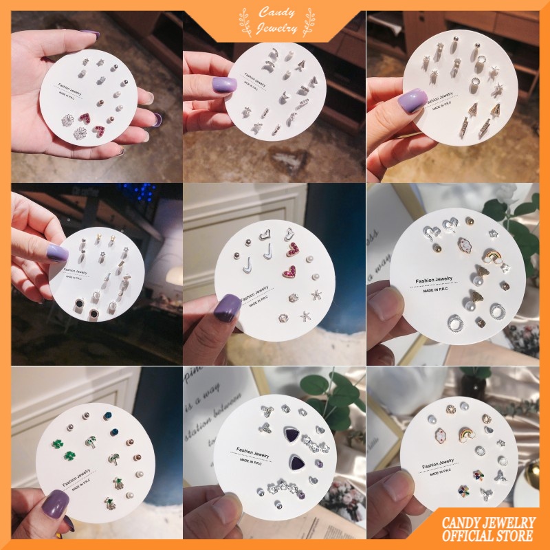 7 Pasang / set Anting Stud Desain Bunga Bintang Hati Geometris Warna Pelangi Untuk Wanita