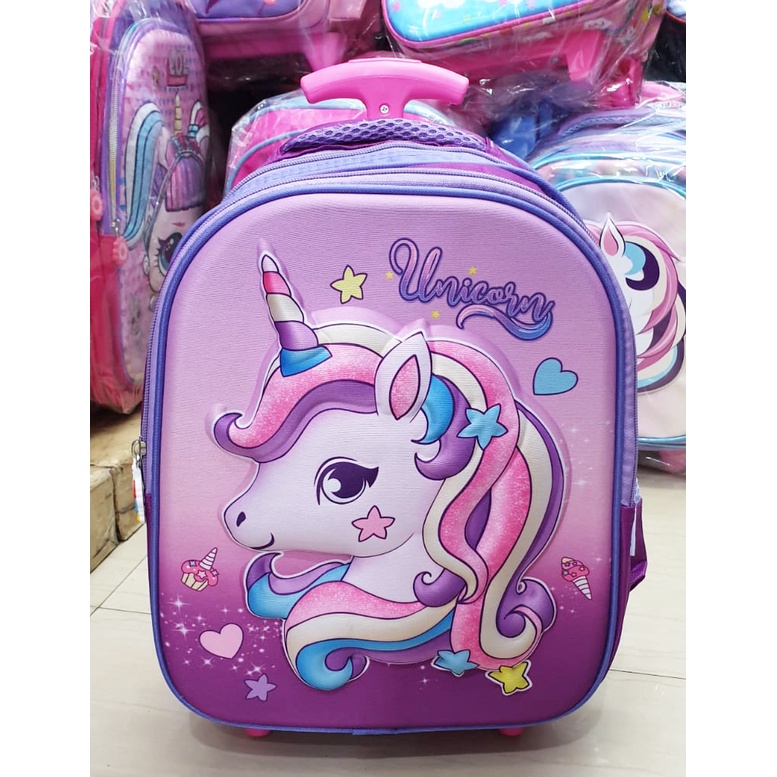 Tas Roda Dorong Trolley Anak PEREMPUAN Sekolah TK KARAKTER KUDA PONY LILAC 3D MAHKOTA TIMBUL