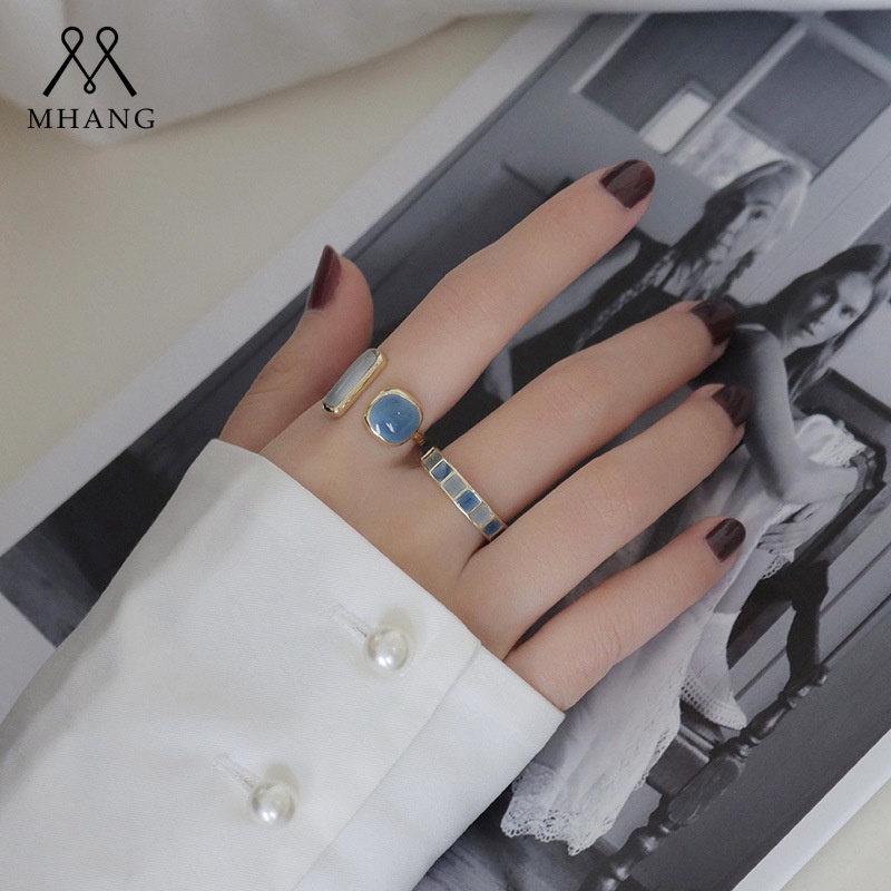 Cincin Model Terbuka Dapat Disesuaikan Motif Kotak-Kotak Biru Aksen Mutiara Gaya Vintage Korea Untuk Wanita